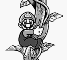 a black and white drawing of a cartoon character hanging from a tree .