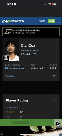 a phone screen shows a player named c.j. cox on the purdue boilermakers