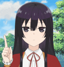 a girl with long black hair is pointing up