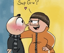 a cartoon of a man kissing another man on the cheek with the words sup gru written in the background .