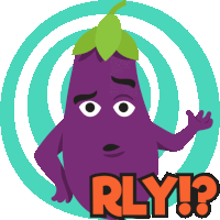 a purple eggplant with a green leaf and the word rly