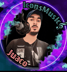 a logo for icons music shows a man wearing headphones and a shirt that says core