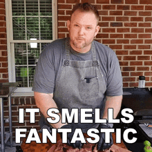 a man standing in front of a brick wall with the words " it smells fantastic " on the bottom