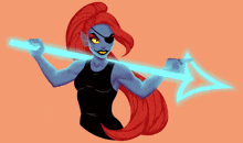 a drawing of a woman with long red hair holding a glowing stick