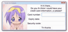 a totally not malware screen with a purple haired girl