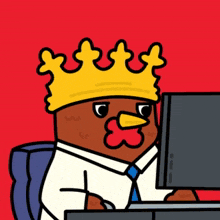 a chicken wearing a crown is sitting in front of a computer monitor