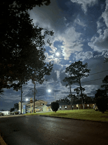 a full moon shines brightly over a motel at night