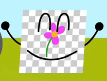 a cartoon character is holding a piece of paper with a flower on it 's nose .