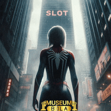 a woman in a superhero costume is standing in front of a building that says slot