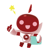 a cartoon drawing of a red robot giving a thumbs up and holding a book