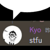 a cartoon character with a speech bubble that says kyo stfu on it