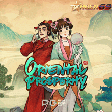 a poster for oriental prosperity has a man and a woman on it