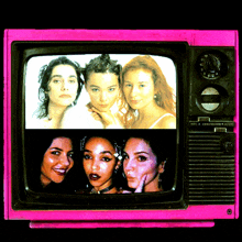 a pink tv with four women on it