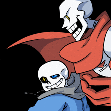 a cartoon drawing of two skeletons standing next to each other and smiling