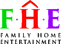 a logo for family home entertainment has a red green and purple lettering