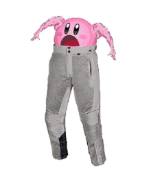 a pair of grey pants with a pink kirby face on them