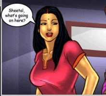 a cartoon of a woman with a speech bubble that says sheetal what 's going on here