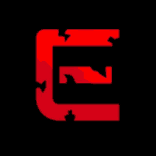 a red letter e on a black background with a shark on it .