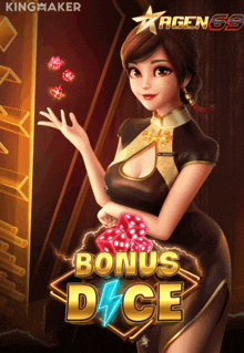 a poster for a game called bonus dice with a woman holding dice