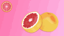 a grapefruit cut in half on a pink background next to a whole grapefruit