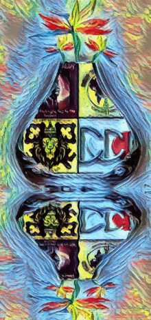 a colorful painting of a shield with the letters cc on it