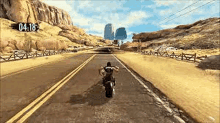 a man is riding a motorcycle down a desert highway in a video game .