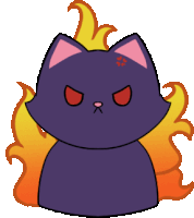 a cartoon drawing of a purple cat with red eyes