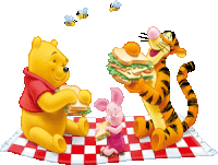 winnie the pooh piglet and tigger eating sandwiches on a checkered picnic blanket