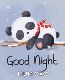 a panda bear with a scarf around its neck is sleeping on a branch with the words good night mumxxx below it