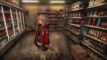 a girl in a red jacket stands in a grocery store holding a bottle