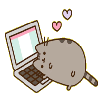 a cartoon cat is typing on a laptop with two hearts above it