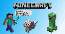 a poster for minecraft shows a man holding a sword and a wolf