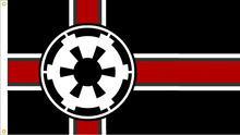 a black and red flag with a star wars symbol in the center