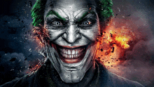 a close up of a joker 's face with explosions in the background