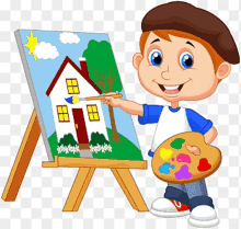 a boy is painting a picture of a house on a canvas