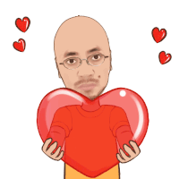 a cartoon of a man holding a heart with three hearts behind him