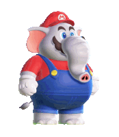 a cartoon elephant wearing overalls and a red hat with a letter m on it