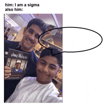 a man and a boy are posing for a picture with a book that says him i am a sigma also him