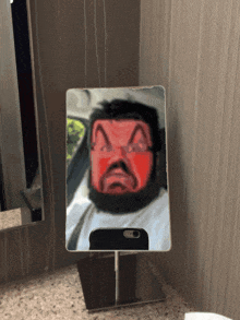 a man with a beard is taking a selfie in a bathroom mirror