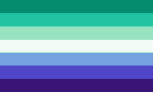 a flag with a blue , green , white , and purple stripe on it .