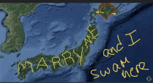 a map of japan with the words marry me written in yellow marker