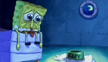 a cartoon of spongebob sitting next to a dog bowl with the name gary on it