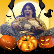 a woman in a yellow shirt is surrounded by pumpkins