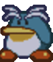 a pixel art of a penguin with tears coming out of its eyes .