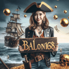 a woman dressed as a pirate holds a sign that says balon168