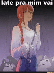 a girl is holding a chain around her neck while standing next to two dogs .