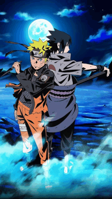 naruto and sasuke are standing next to each other in front of a full moon