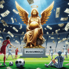 soccer players on a field with a statue of an angel holding a soccer ball and the words museumbola on it