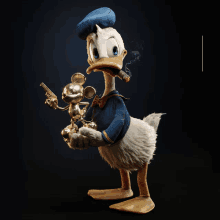 donald duck is smoking a cigar while holding a mickey mouse statue