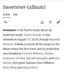 sweetener is the fourth studio album by american singer ariana grande it was released on august 17 2018 through republic records